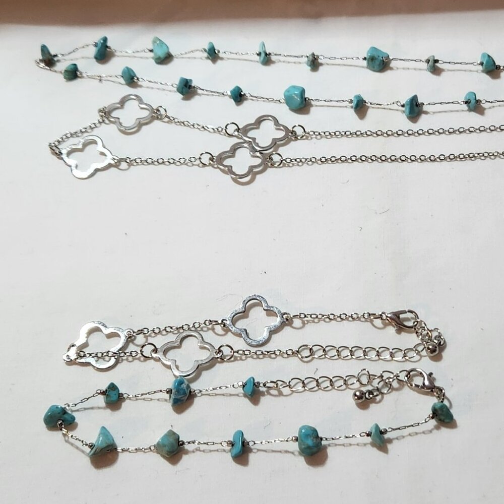 THREE FOR $20Double necklace & bracelet set silver & faux turquoise costume NWOT